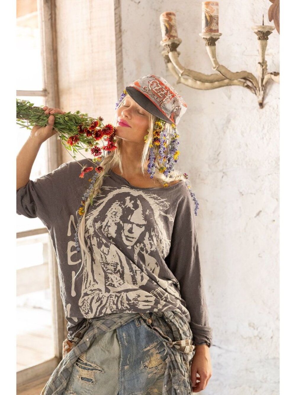 Magnolia Pearl Neil Young Graphic Distressed Boyfriend Cotton Jersey Long Sleeve
